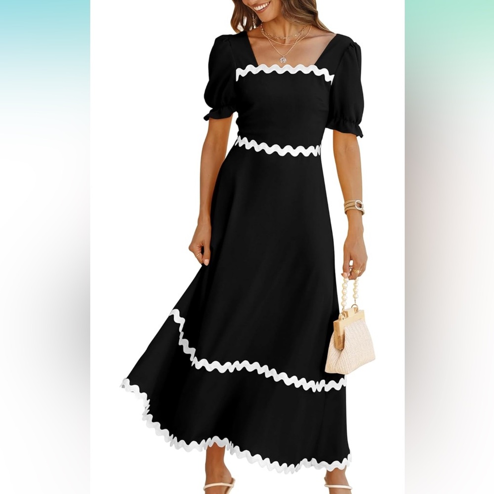 Square Neck with Short Puffed Sleeve Smocked Dress